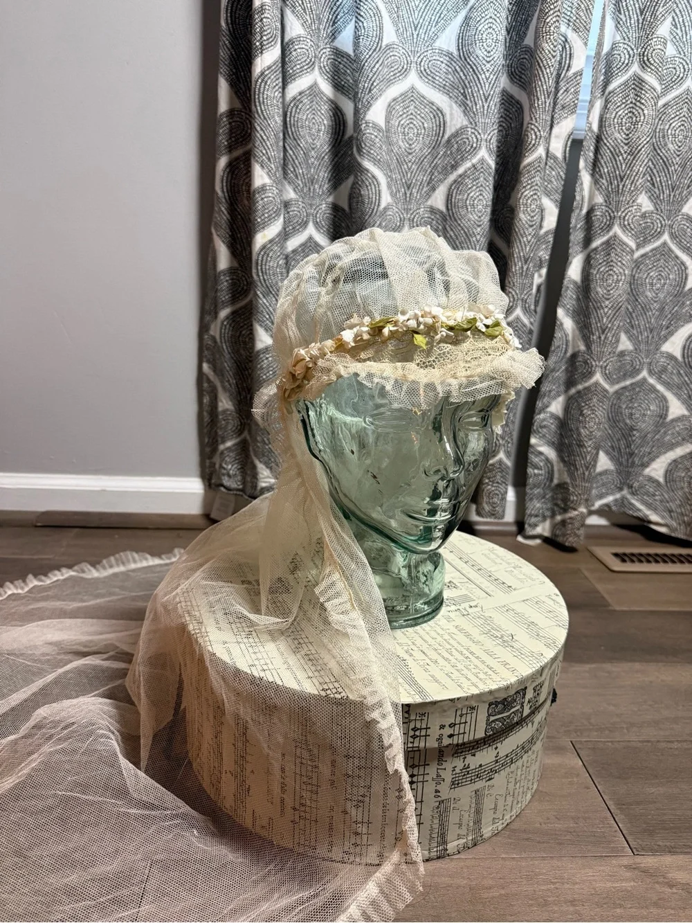 Vintage 1920s Juliet Cap Veil with Silk Floral Accents & Lace Netting